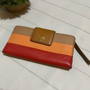 Fossil Pink Red Tan‎ Colorful Stripe Leather Bifold Snap Wallet